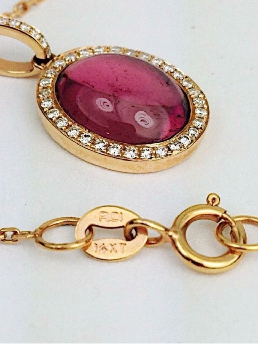 Stunning 18K Rose Gold Pink Tourmaline & Diamond Halo Pendant Necklace 16”